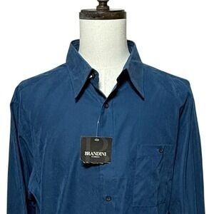 Brandini Shirt Mens XL Solid Blue Microfiber Long Sleeve Button Up Solid NEW NWT